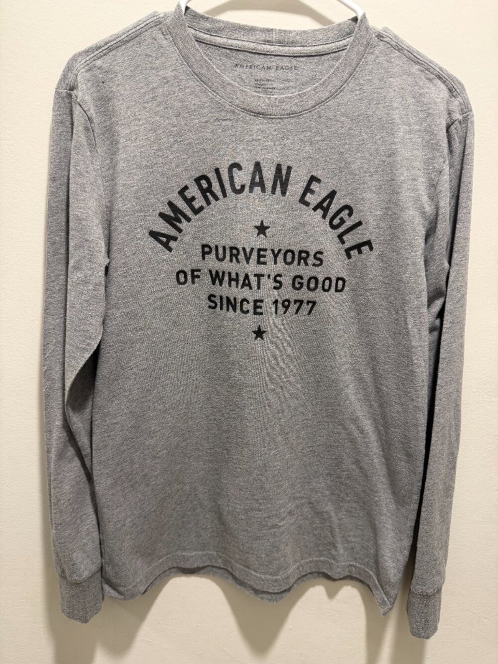 American Eagle Men’s XS Gray Long Sleeve Graphic T-Shirt Purveyors Since 1977